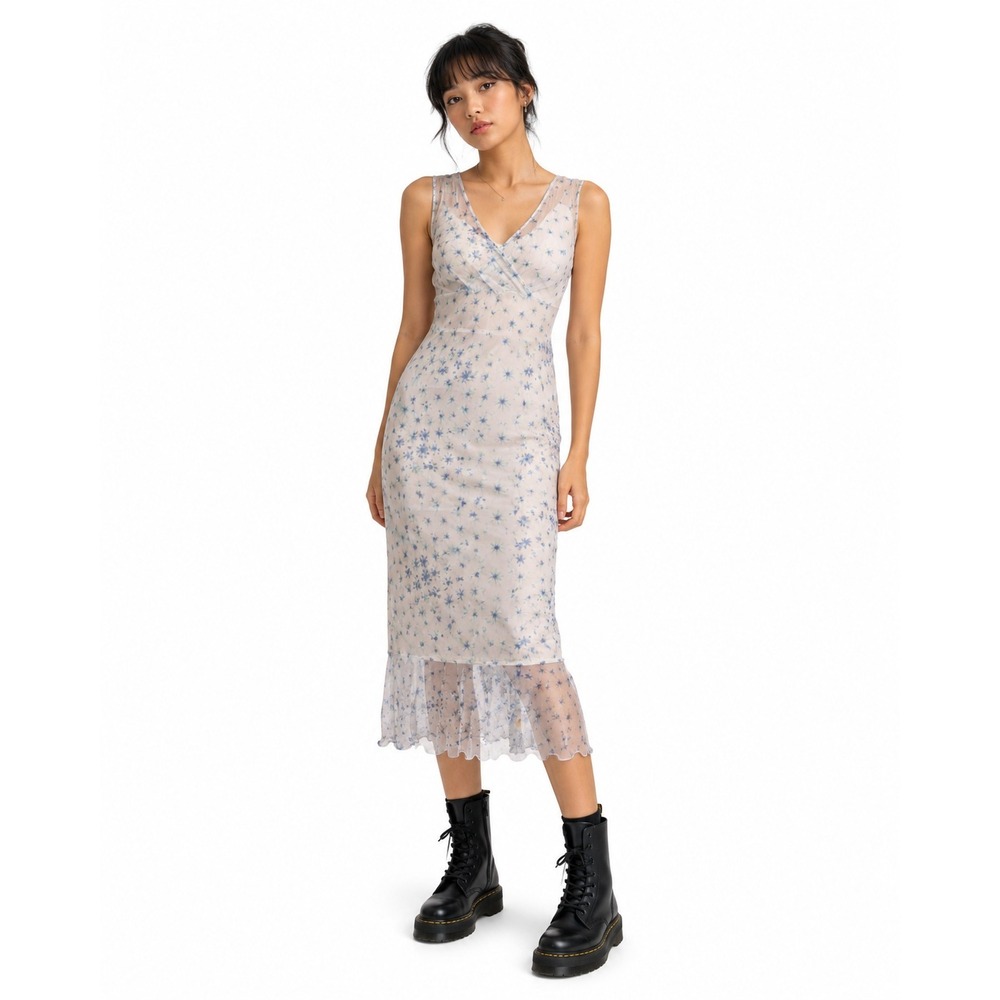 Floral Mesh Wrap V-Neck Sleeveless Sheer Midi Dress Blue White Vintage